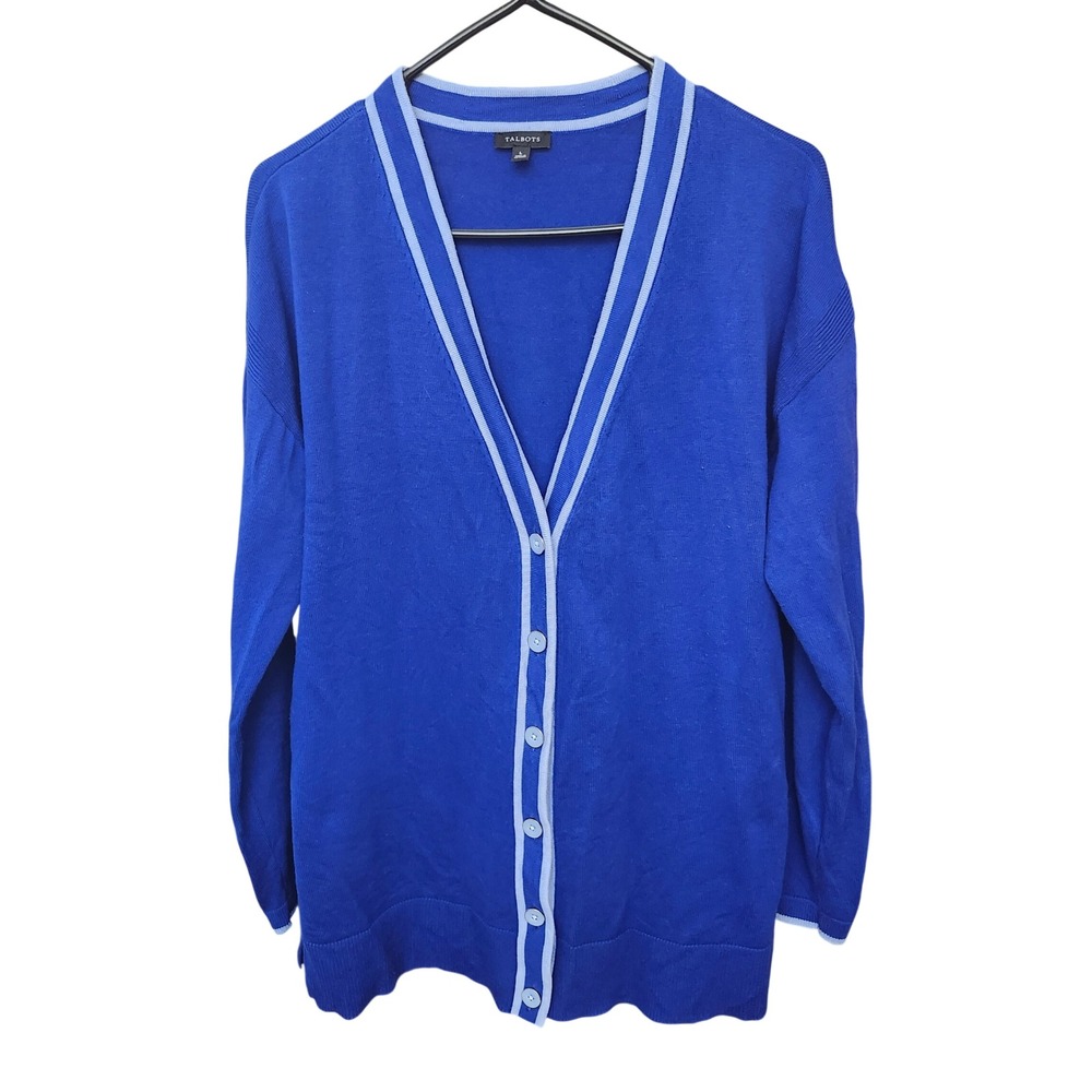 Talbots Royal Blue Contrast Trim Button Front Cardigan Sweater Size L Timeless